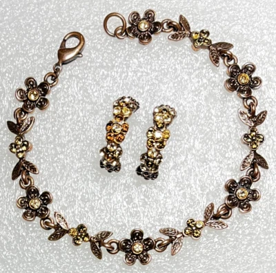 Vintage 1928 Brand Bronze Rhinestones Floral Pierced Earrings and Bracelet Set - Image 1 of 3