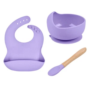 Baby Tableware Solid Food Bowl Silicone Bib Wooden Spoon Three-piece Set. - Picture 1 of 24