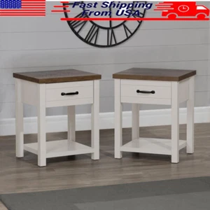 Set 2 Nightstands W/ Drawer Shelf Storage Farmhouse Design Ivory Finish Wood New - Picture 1 of 20
