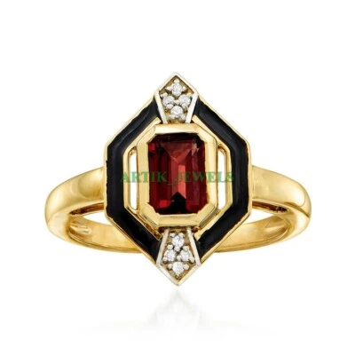 Naturale Granato Gemma Con Placcato Oro 925 Argento Sterling Donna Anello #4254 - Immagine 1 di 4