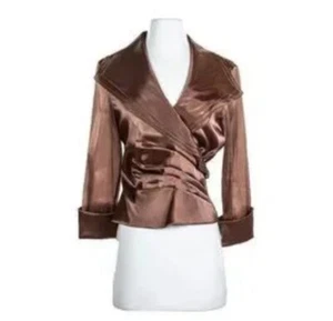 JS COLLECTIONS Women Size 10 Brown Satin Jacket Blazer Full Zipper Back - Picture 1 of 21