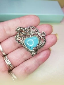 Broche Corazón Vintage Tono Plateado Corazón Broche Turquesa - Imagen 1 de 3