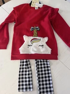 NEW Forever Me Girls Sweatshirt Legging 2-Piece Outfit Sz L Unicorn Buffalo Red - Picture 1 of 7
