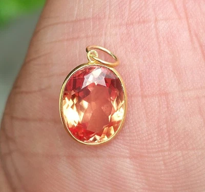 Orange Sapphire Gemstone 18K Solid Gold Charm Pendant, Handmade Necklace Pendant - Image 1 of 4