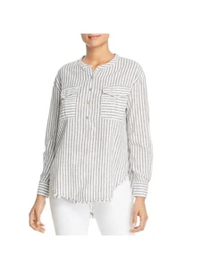 ELAN Womens Frayed Hi-lo Hem Cuffed Sleeve Crew Neck Button Up Top - Picture 1 of 6