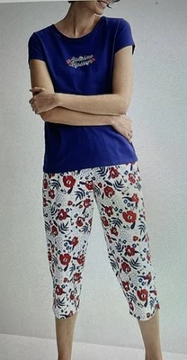 NEW Croft & Barrow pajamas set womens sz XL capri pants top navy blue floral red - Image 1 of 4