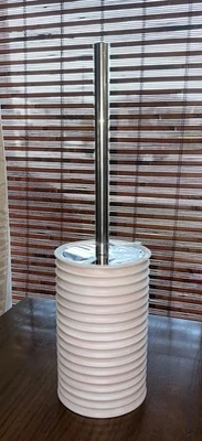 Toilet Bowl Brush Cleaner and Holder Light Pink And White 15 1/2” Tall Resin New - Image 1 of 4