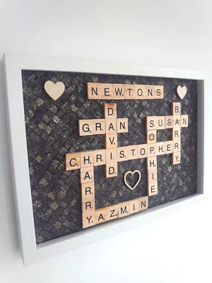 Stylish picture frame gift with handmade scrabble tiles with family member names - Image 1 of 4