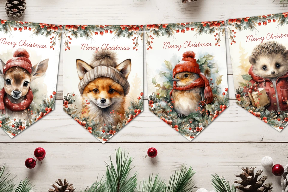 Рождественские баннеры/лента в деревенском стиле с лесными животными - Изображение 1 из 4