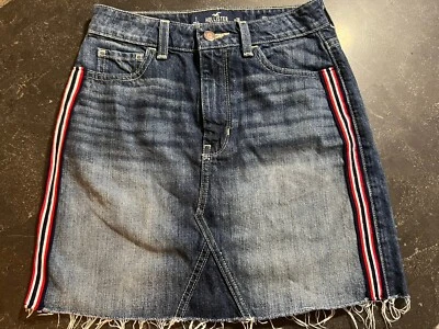 Hollister Jean Skirt Juniors Size 1 Ultra High Rise Raw Hem Side Stripes Denim - Image 1 of 4