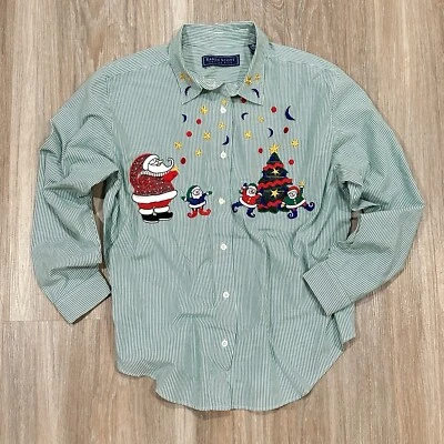 Karen Scott Womens Santa And Elves Christmas Button Up Embroidered Blouse Sz XL - Image 1 of 4