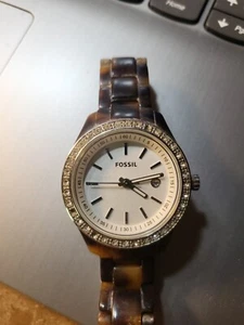 Fossil Ladies Watch ES2680 Faux Tortoise Bracelet Date White Dial Quartz Analog - Picture 1 of 12