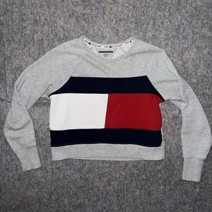 Tommy Hilfiger Sport Cropped Sweatshirt Women S Boxy Y2K Big Logo Grey - Picture 1 of 6
