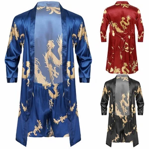 Men's Dragon Printed Satin Robe Set Silk Kimono Bathrobe with Shorts Nightgown - Picture 1 of 29
