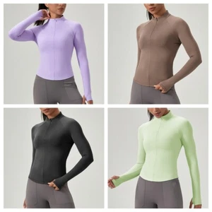 Women Tight Jacket Yoga Zipper Long Sleeve Quick Dry Sports Running Fitness Tops - Picture 1 of 23