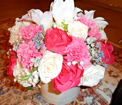 FLower Bouquet Pink Roses, Carnations White Peace Lilly Lavender Artificial Silk - Image 1 of 4