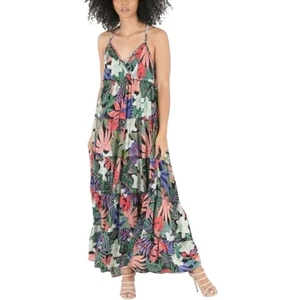 Angie Maxikleid Tropical Print Stufen gekreuzter Rücken Urlaub ärmellos Gr. M - Bild 1 von 10