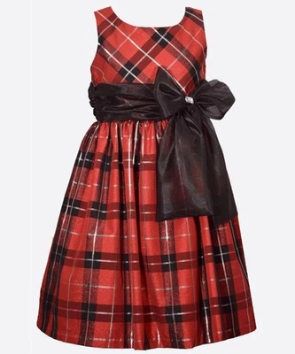 NEW Bonnie Jean Girls Size 5 "RED BLACK METALLIC PLAID" Christmas Bow Dress NWT - Image 1 of 4