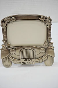 Just Married Pewter Car & Roses Wedding Picture Photo Frame 3" x 5” - Picture 1 of 2