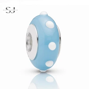 925 Sterling Silver Light Blue & White Murano Glass Charm Bead for Bracelets - Picture 1 of 2