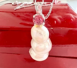 Colgante de perlas barrocas blancas turmalina diamantes 0,50 quilates de oro blanco de 14 quilates con cadena - Imagen 1 de 12