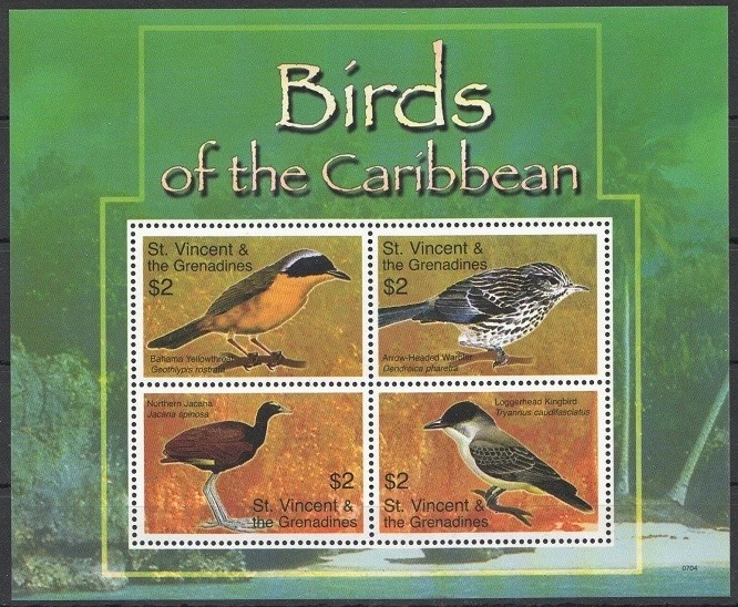 St. Vincent & Gr. 2007 MNH SS, Birds, Water Thrush, Jacana Warbler  - Image 1 of 1