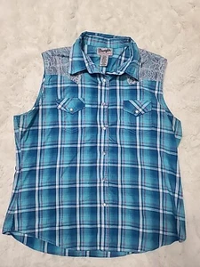 Vtg Wrangler Womens Plaid Shirt Pearl Snap Sleeveless Lace Country Western Rodeo - Picture 1 of 8
