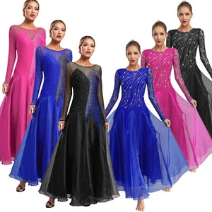 Women Glittery Lyrical Dance Costume Swing Lace Ballroom Rumba Tango Dance Dress - Picture 1 of 70