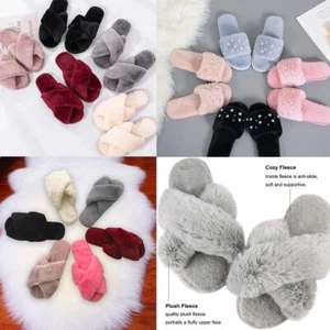 U-slide Women’s Cross Band Soft Plush Fluffy Furry Fleece House Indoor or Out... - Picture 1 of 49