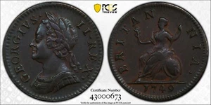 1749 Great Britain 1/4D Farthing PCGS AU50 S-3722 - Picture 1 of 3