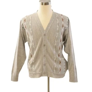 70s Vintage Heather Taupe Geometric Cardigan Mens L Acrylic Knit Sweater USA - Picture 1 of 4