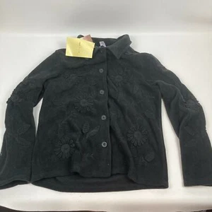 Susan Graver Style Womens Med Black Polar Fleece t Jacket with floral design NWT - Picture 1 of 9