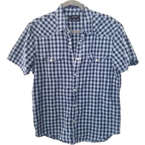 Lucky Brand Mens M Blue Checkered Cotton Linen Blend Classic Fit Western Shirt - Picture 1 of 7