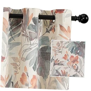 Floral Curtains 63 inches Long Printed Grommet Linen Style Curtains for - Picture 1 of 7