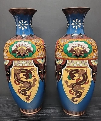 De Colección Par de Jarrones Japoneses Período Meiji Pheonix Dragón Cloisonné Cobre 12" 57 Foto 1 de 4