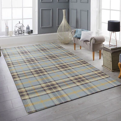 EORC INDIAN HANDMADE BLUE/NAVY PLAID RUGS | TRANSITIONAL & GEOMETRIC STYLE RUGS - Image 1 of 4