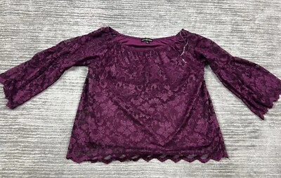 Top para mujer casi famoso grande púrpura manga 3/4 encaje superpuesto mezcla de poliéster Foto 1 de 4