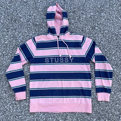 Stussy Sudadera con Capucha Adulto Mediana Rosa Azul Rayas Patinador Y2K Sudadera Pullover Foto 1 de 4