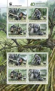 CHIMPANZEE Monkeys GREEN OVERPRINT WWF 8v-Stamp Sheet #2 (2021 Central Africa) - Picture 1 of 1