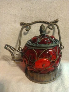Hand Blown Ruby Glass and Metal Hanging Tea Pot Lantern - Picture 1 of 2