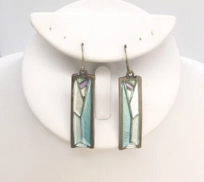 2" Brass Stained Glass Window Metallic Enamel Silver Aqua Purple Hook Earrings - Image 1 of 3