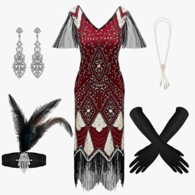 Accesorios de vestir Flapper Gatsby años 20 6 piezas flecos con cuentas elástico aleteo LG Foto 1 de 4