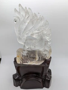 A+ Natural Clear Quartz Carved Crystal Fox on Custom Wood Stand – Rare Display - Picture 1 of 7