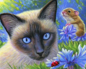 The Ladybug Siamese Cat Flowers Garden Fabric Digital Cotton David 35" Panel - Picture 1 of 1