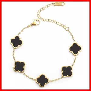 18K Gold Plated Clover Lucky Bracelet Women Black Flower Four Link Jewelry Gifts - Picture 1 of 6