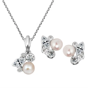 Sophisticated Pearl CZ Sterling Silver Necklace Earrings Set - Picture 1 of 6