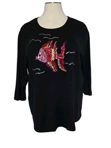 Quaker Factory Blouse Top 3/4 Sleeves Colorful Fish Sequence 3X Pullover Black - Picture 1 of 24