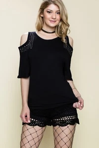 Sexy Damen Top schwarz Cold Shoulder Top mit Steinen auf beiden Schultern   - Bild 1 von 5