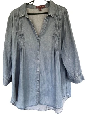 Chambray Roll Tab Sleeve Pintuck Bodice Detail Tunic Top XXL Gloria Vanderbilt - Image 1 of 4