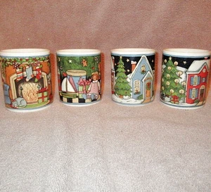 1993 Vtg Set Of 4 Christmas Mugs Holiday Village Susan Winget Stoneware NIB - Picture 1 of 12